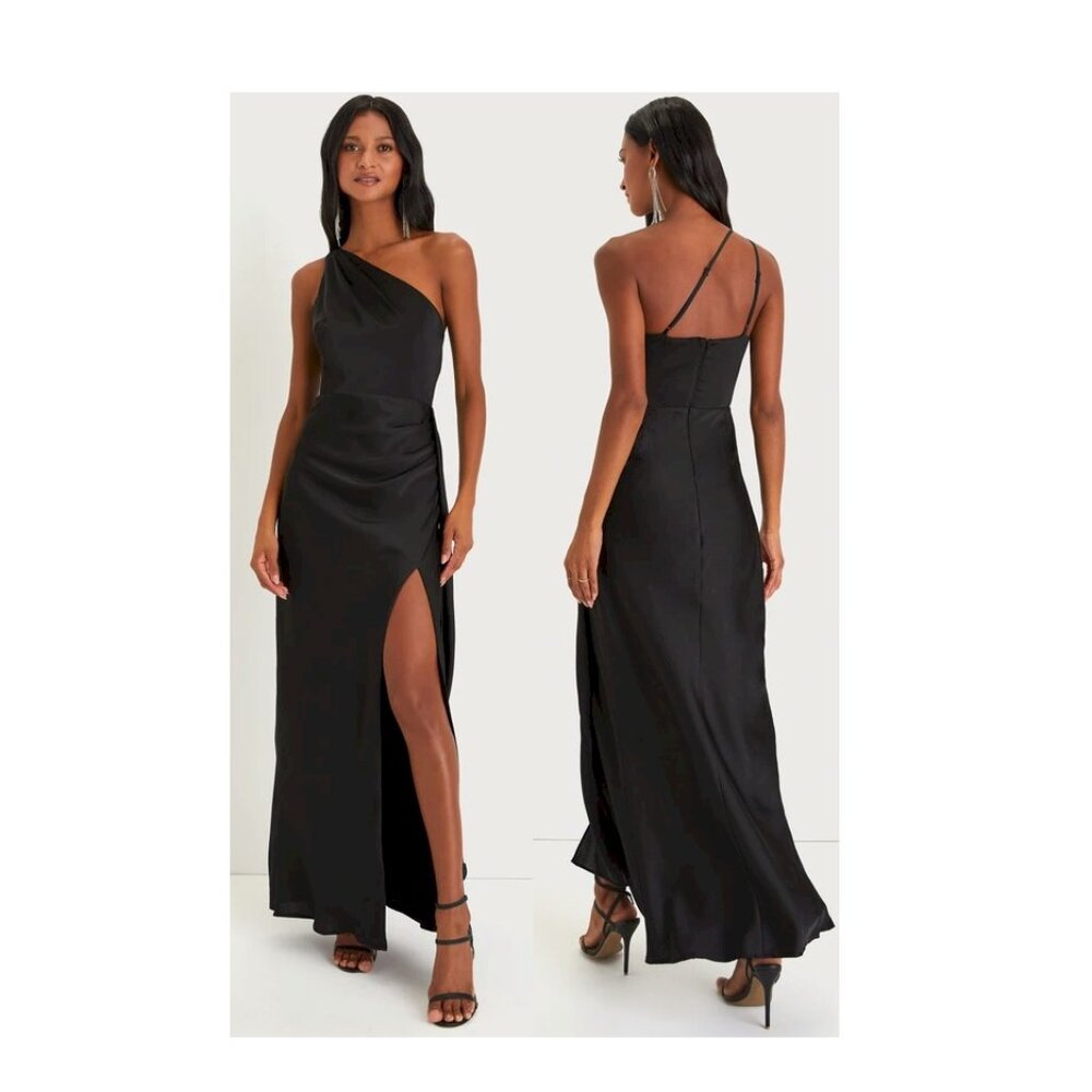 Lulus Signature Elegance Black Satin One-Shoulder Maxi Dress Size Large New NWT - Picture 11 of 13
